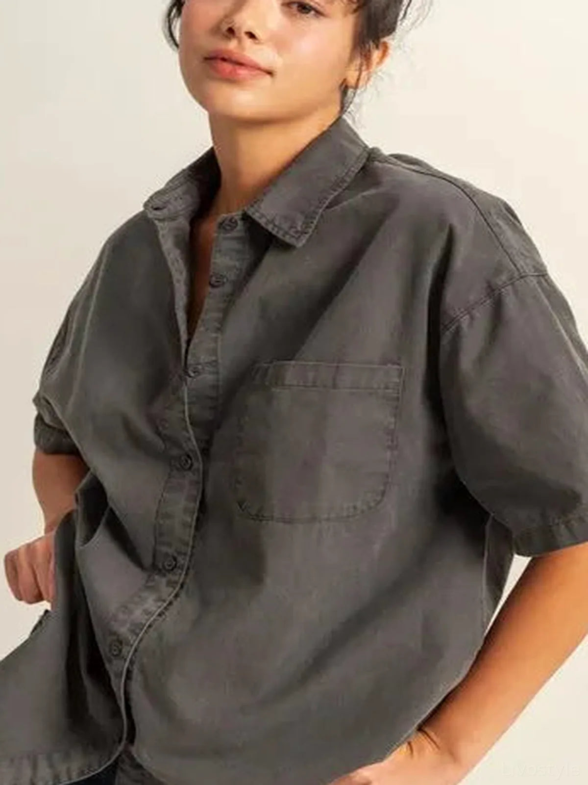 Casual Oversized Button-Down Shirt with Short Sleeves — detail view — Livostyle