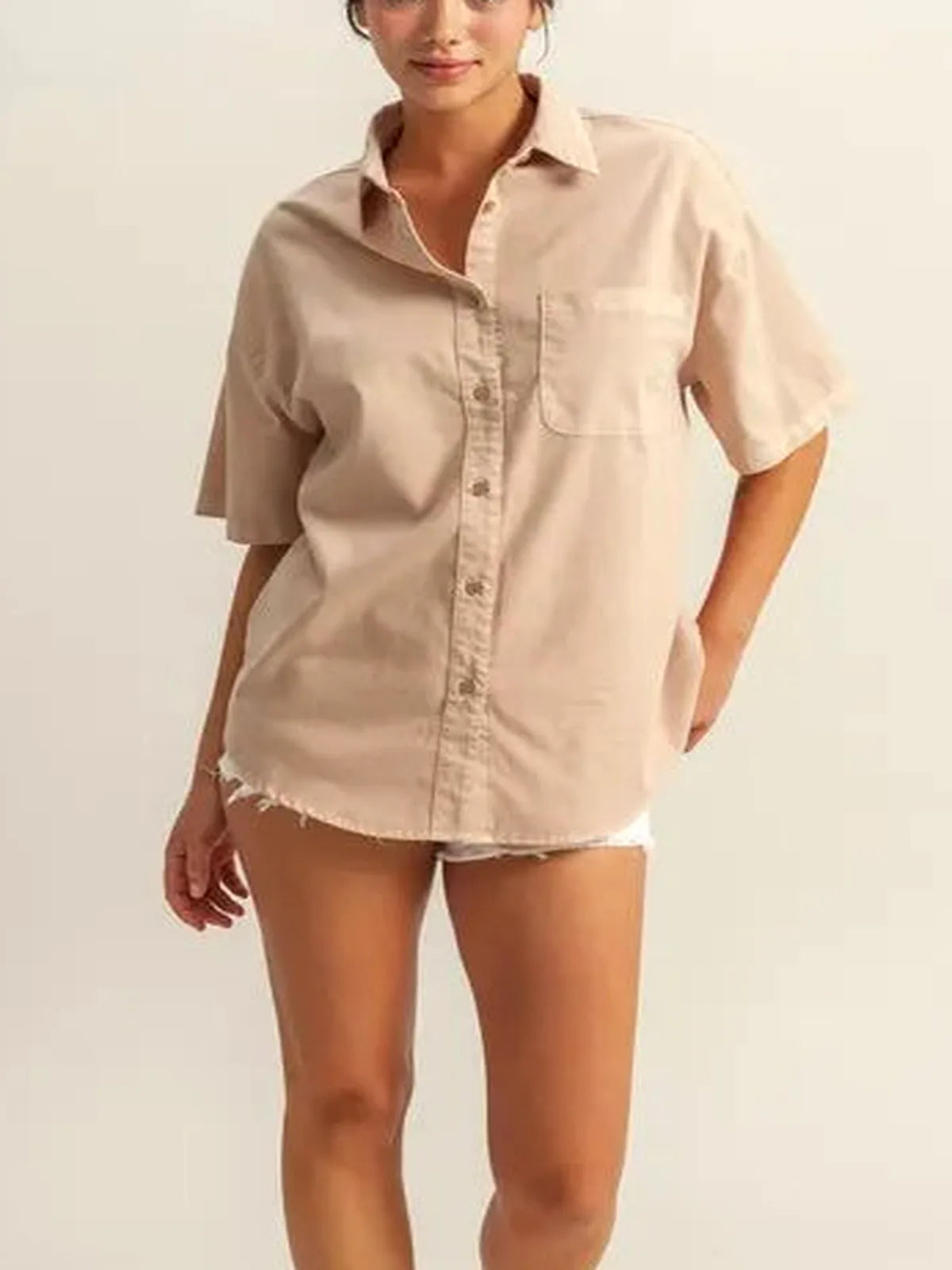 Casual Oversized Button-Down Short Sleeve Shirt — detail view — Livostyle