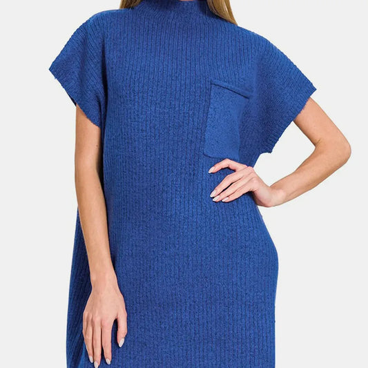 Short Sleeve Sweater Mini Dress in Navy — square view — Livostyle