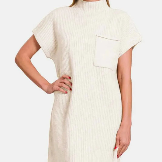 Short Sleeve Sweater Mini Dress in Ivory — square view — Livostyle