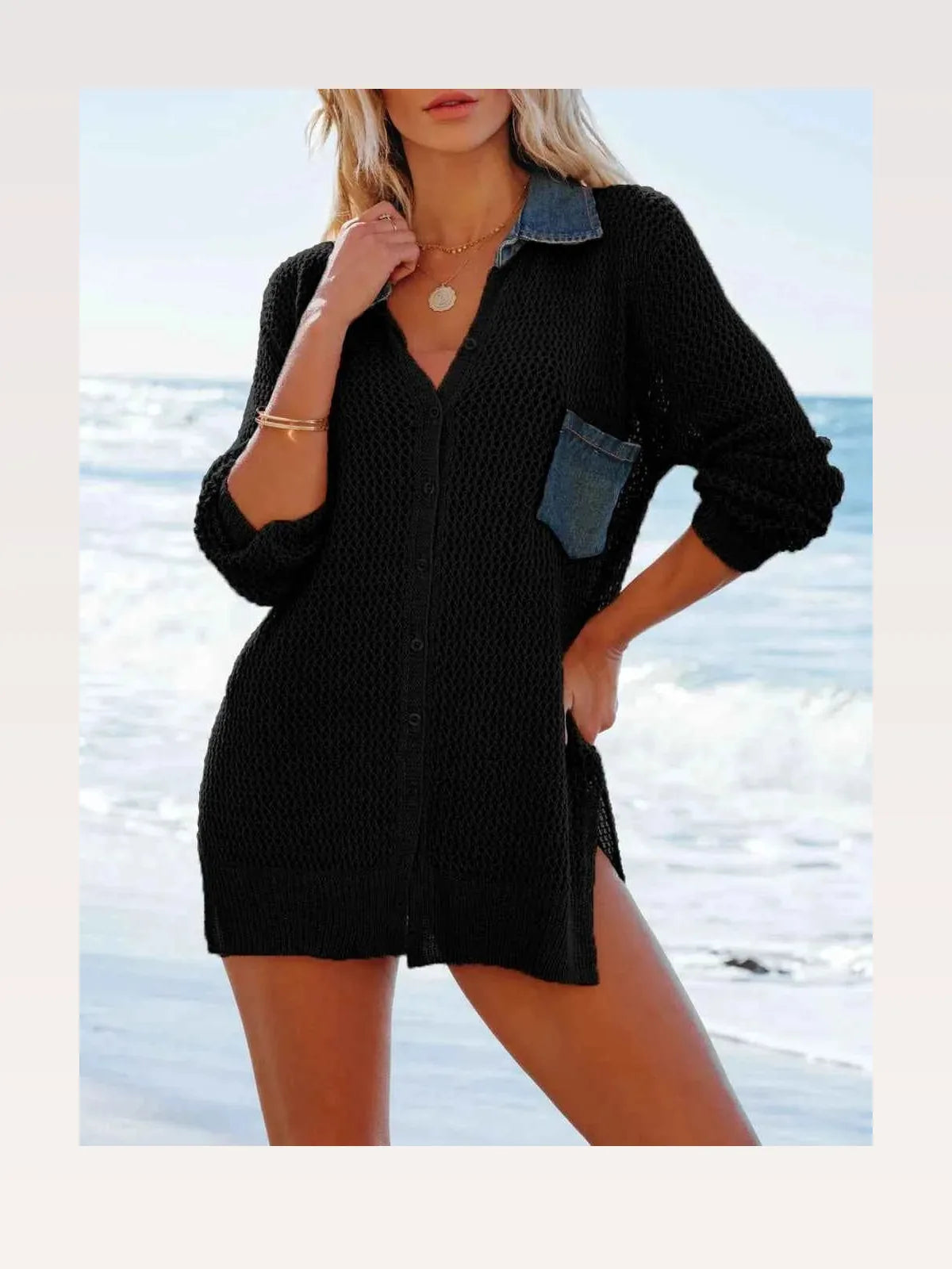 Side Slit Openwork Collared Neck Cover-Up — styled showcase — Livostyle