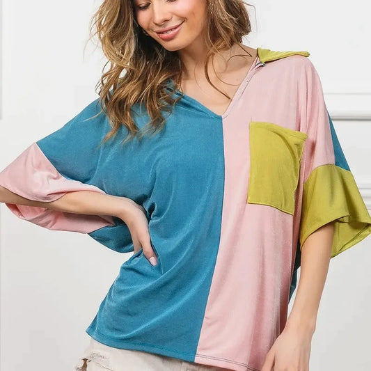 Elegant Slinky Knit Color Block V-Neck Top — square view — Livostyle