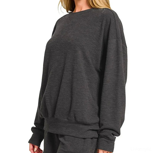 Slub Long Sleeve Top and Shorts Set in Black — square view — Livostyle