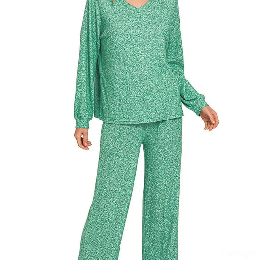 Soft Melange Long Sleeve Tee & Pants Set in Dk Green — square view — Livostyle