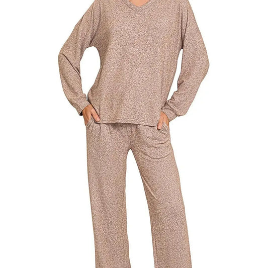 Soft Melange Long Sleeve Tee & Pants Set in Brown — square view — Livostyle