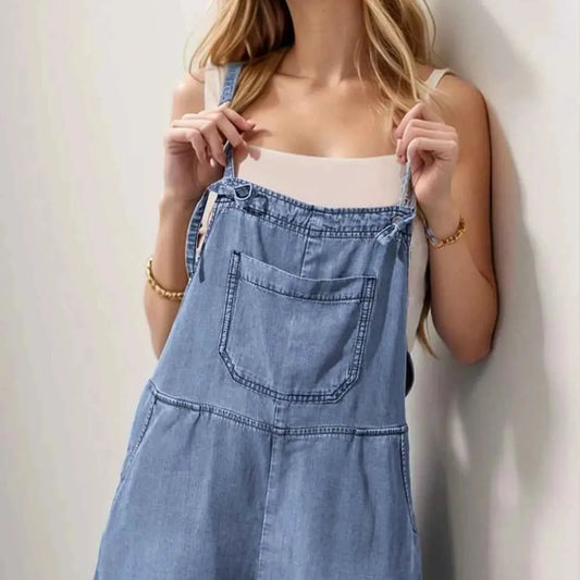 Square Neck Denim Overalls with Pockets — square view — Livostyle