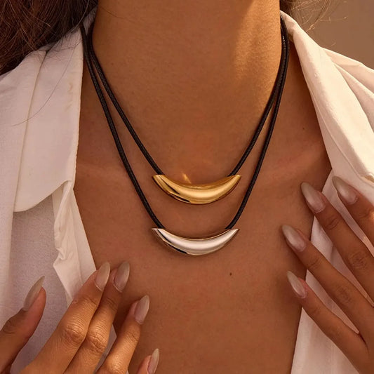 Stainless Steel Curved Bar Necklace with Leather Rope — square view — Livostyle