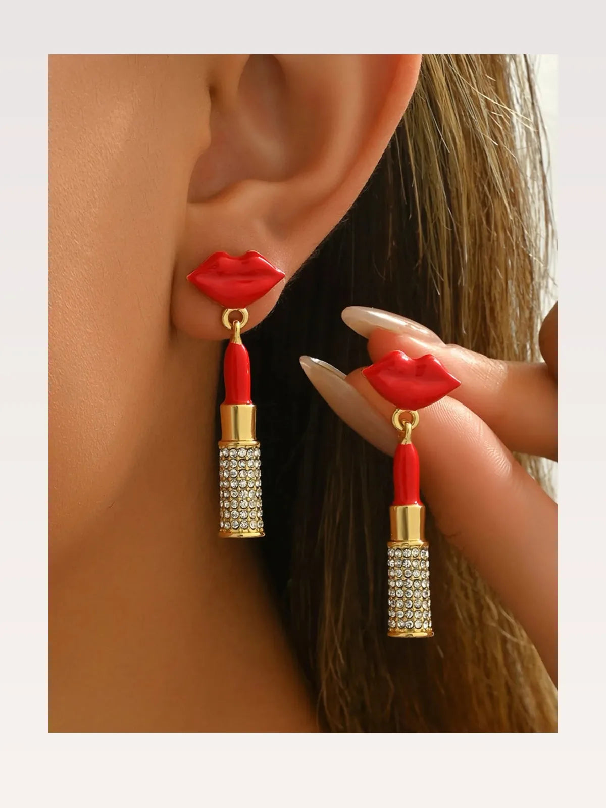 Stainless Steel Resin Lips Lipstick Rhinestone Earrings — styled showcase — Livostyle