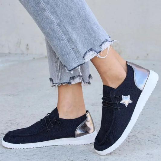 Stylish Star Detailing Lace-Up Flat Sneakers — square view — Livostyle