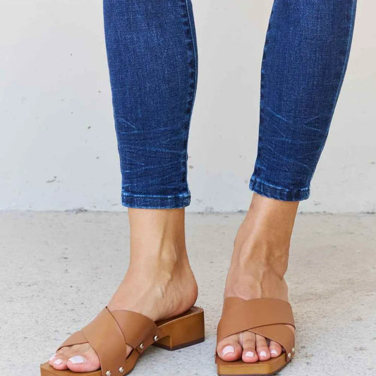 Step Into Summer Criss Cross Wooden Clog Mule in Brown — square view — Livostyle