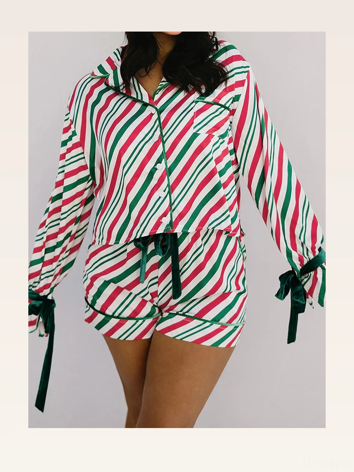 Stripe Contrast Velvet Ribbon Knot Christmas 2pcs Pajama Set — styled showcase — Livostyle