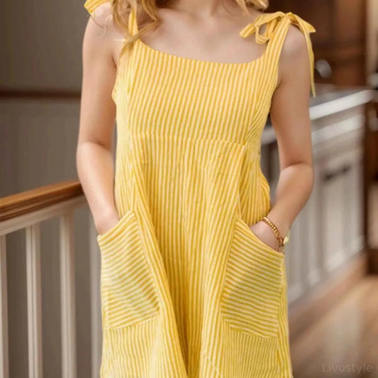 Stripe Shoulder Tie Smocked Back Casual Romper — square view — Livostyle