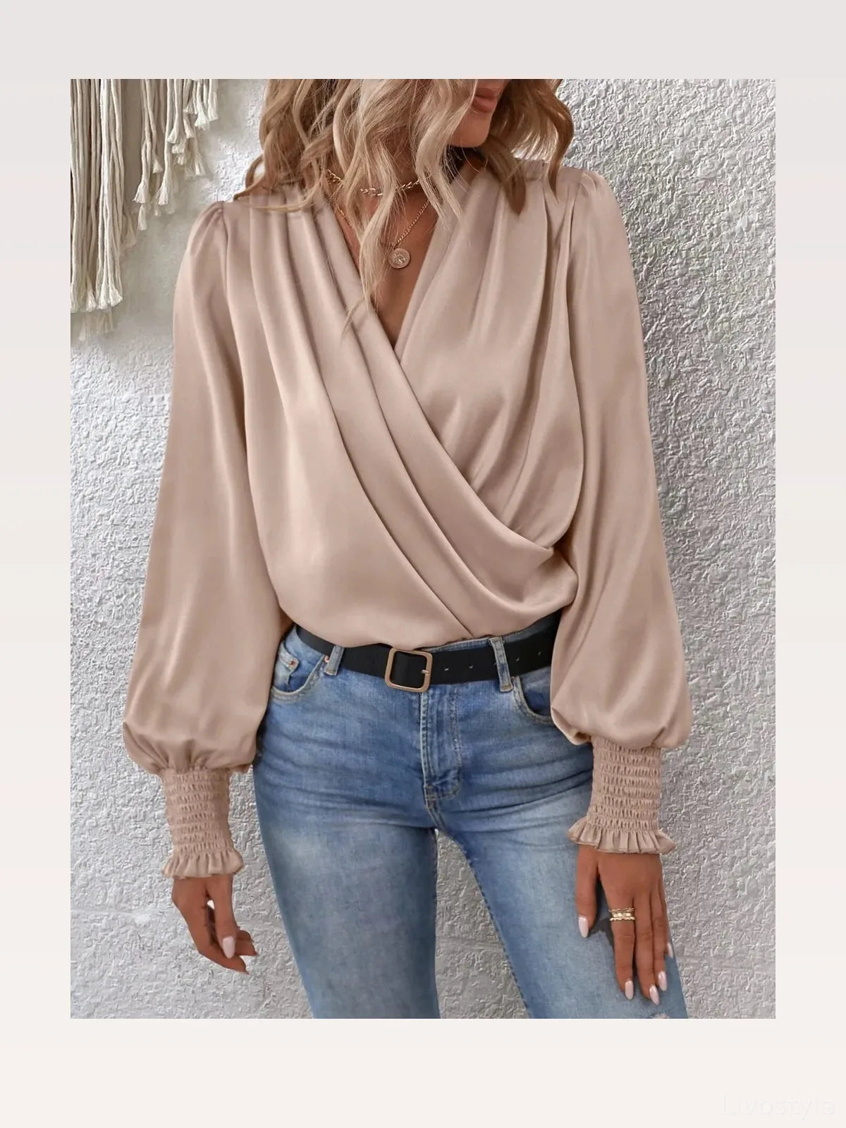 Surplice Smocked Lantern Sleeve Blouse — styled showcase — Livostyle
