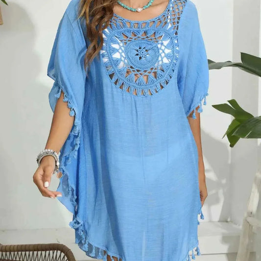 Tassel Crochet Round Neck Cover-Up — square view — Livostyle