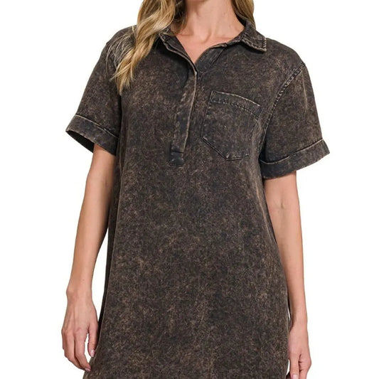 Tencel Mineral Washed Collared Shirts Dress in ASH BLACK — square view — Livostyle