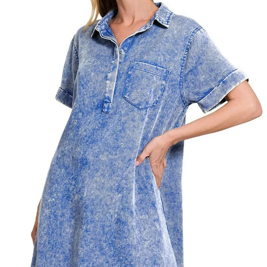 Tencel Mineral Washed Collared Shirts Dress in CLASSIC BLUE — square view — Livostyle
