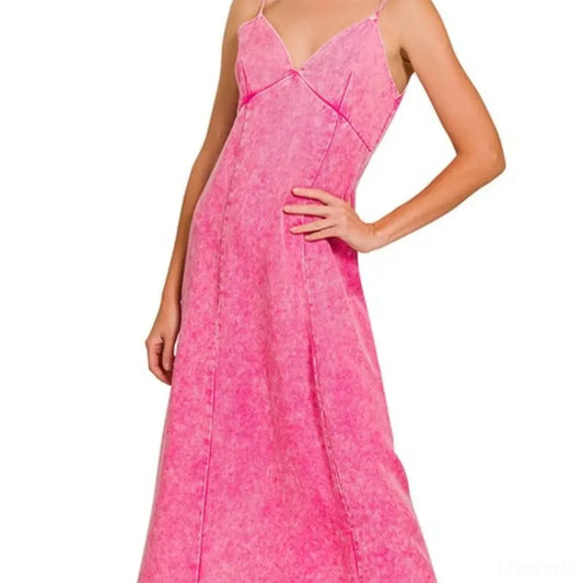 Tencel Mineral Washed Maxi Dress in HOT PINK — square view — Livostyle