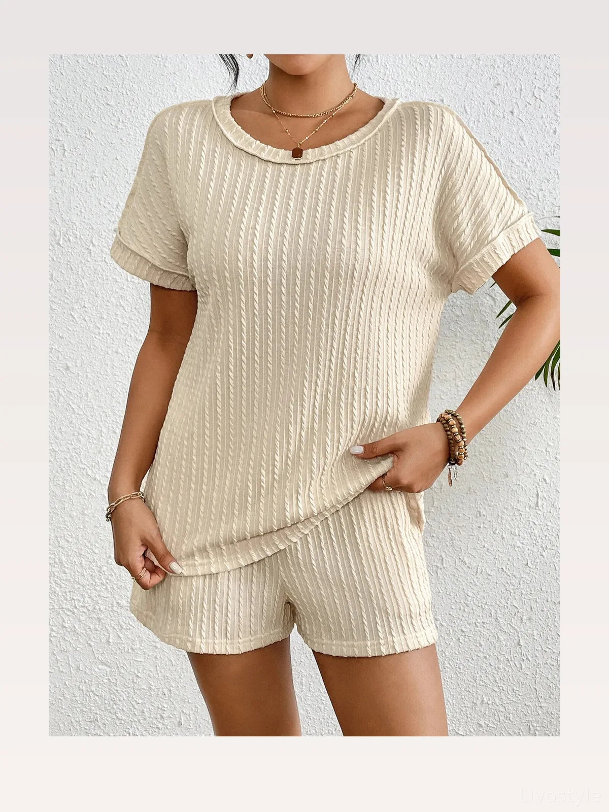 Texture Round Neck Top and Shorts Lounge Set — styled showcase — Livostyle