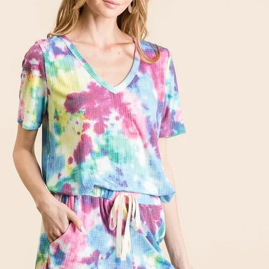 Tie Dye French Terry Casual Shorts in Blue Multi — square view — Livostyle