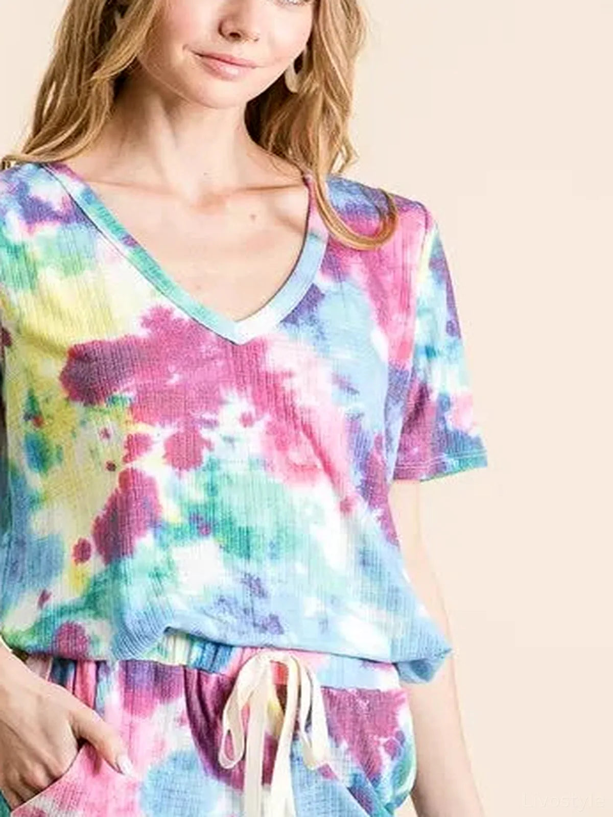 Tie Dye French Terry Casual Shorts in Blue Multi — detail view — Livostyle