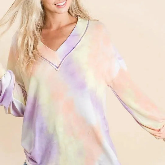 Chic Tie Dye V-neck Top with Puff Sleeves & French Terry Fab — square view — Livostyle