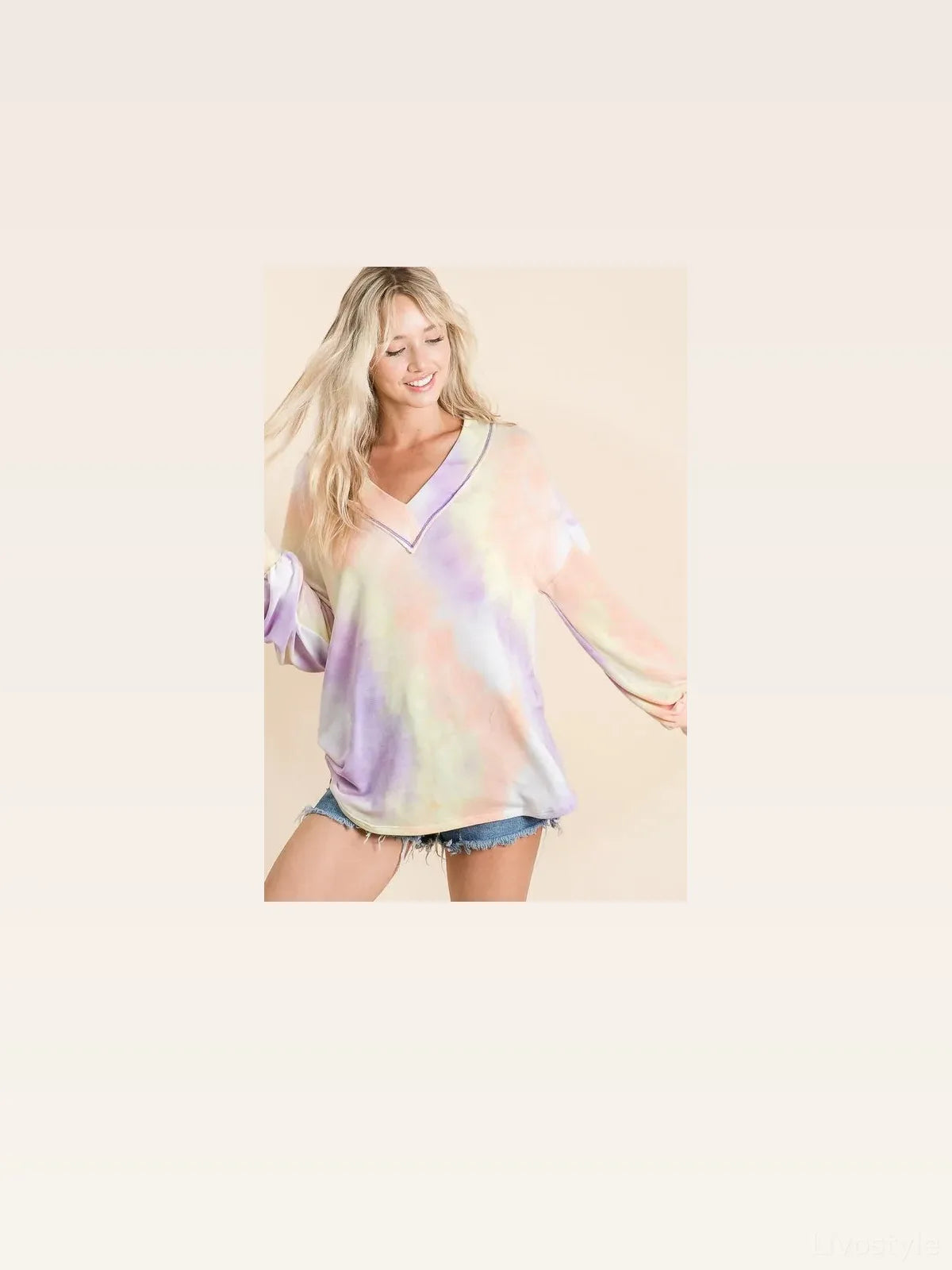 Chic Tie Dye V-neck Top with Puff Sleeves & French Terry Fab — styled showcase — Livostyle