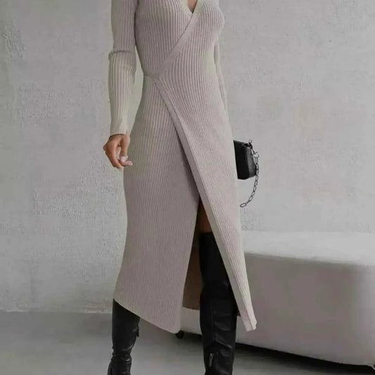 Tied Collared Neck Long Sleeve Sweater Dress — square view — Livostyle