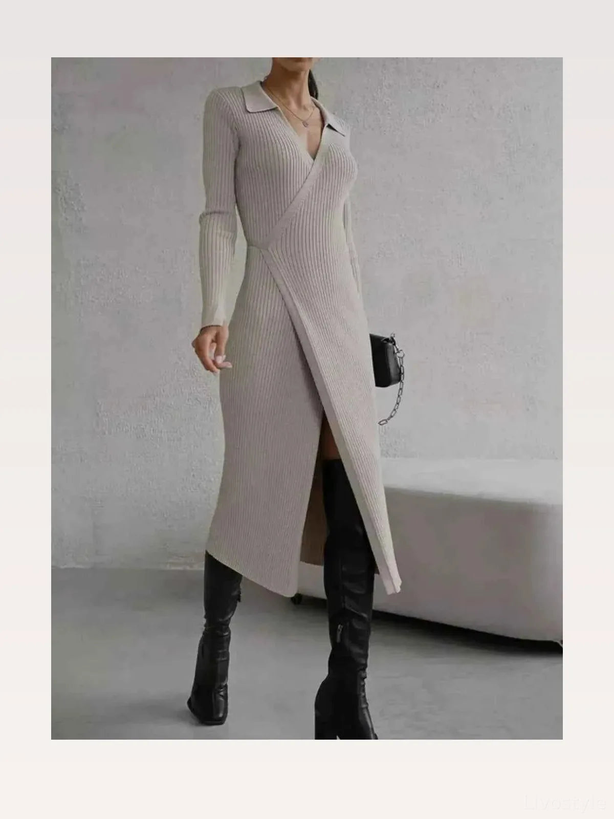 Tied Collared Neck Long Sleeve Sweater Dress — styled showcase — Livostyle