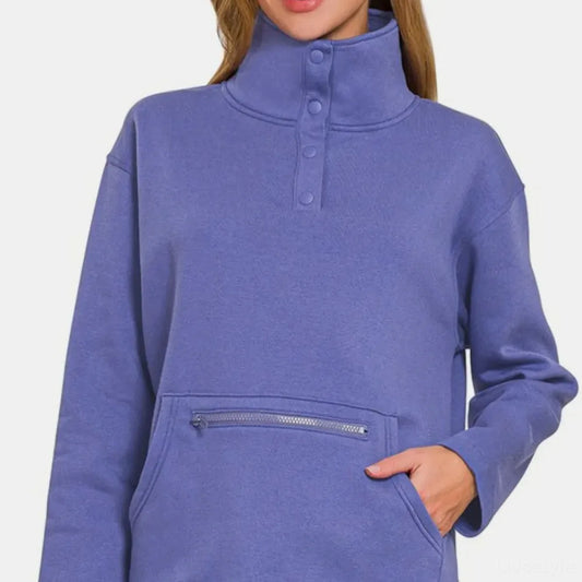 Turtleneck Half Snap Fleece Sweatshirt in Blue Purple — square view — Livostyle