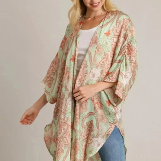 Mixed Print Open Front Kimono with Ruffle Sleeves — square view — Livostyle