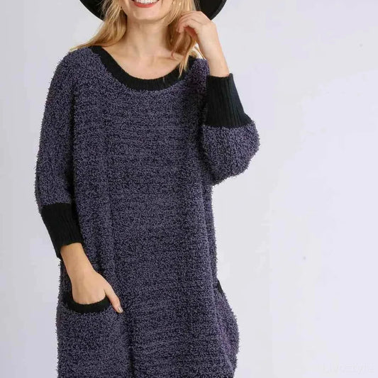 Ribbed Hem Round Neck 3/4 Sleeve Sweater Dress with Pockets — square view — Livostyle