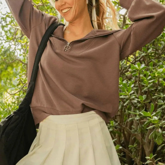 Ribbed Knit Half Zipper Sweatshirt in Brown — square view — Livostyle