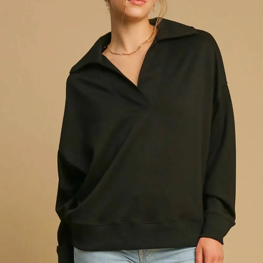Johnny Collar Dropped Shoulder Sweatshirt in Black — square view — Livostyle