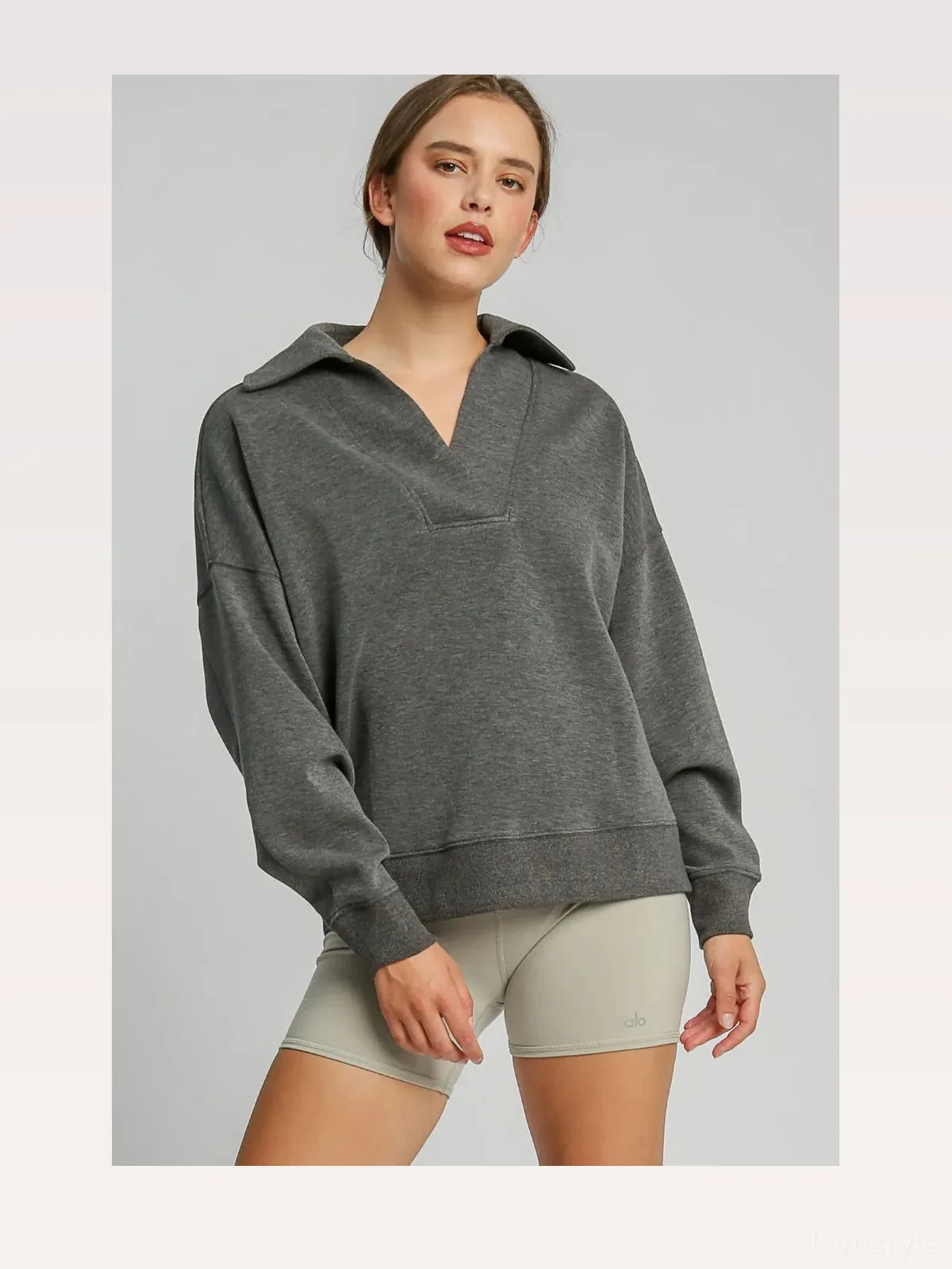 Johnny Collar Dropped Shoulder Sweatshirt in Charcoal — styled showcase — Livostyle