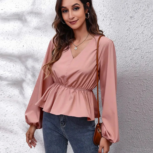 V-Neck Balloon Sleeve Peplum Blouse — square view — Livostyle