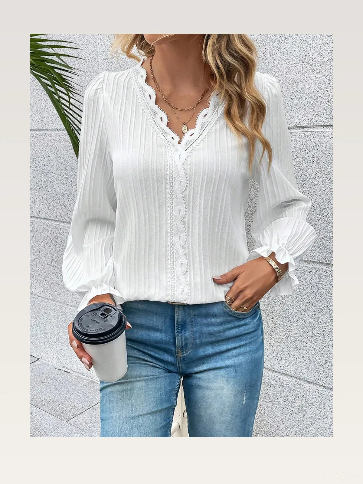 V-Neck Lace Detail Flounce Sleeve Blouse — styled showcase — Livostyle