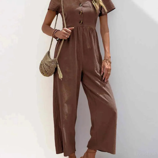 V-Neck Short Sleeve Wide Leg Jumpsuit — square view — Livostyle