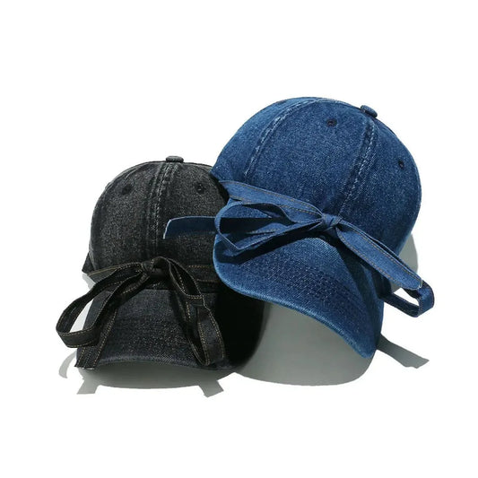 Washed Bow Denim Baseball Cap — square view — Livostyle