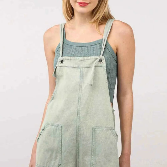Washed Frayed Hem Denim Overall — square view — Livostyle