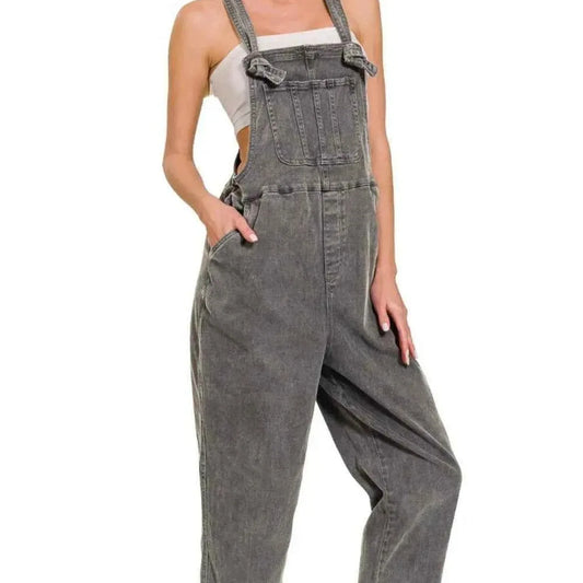 Washed Knot Strap Relaxed Fit Overalls — square view — Livostyle