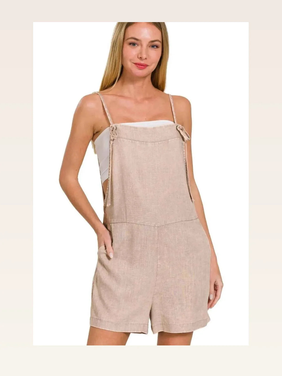 Washed Linen Knot Strap Rompers in ASH MOCHA — styled showcase — Livostyle