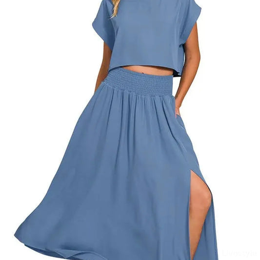 Woven Crinkle Gauze Crop Tee and Skirt Set — square view — Livostyle