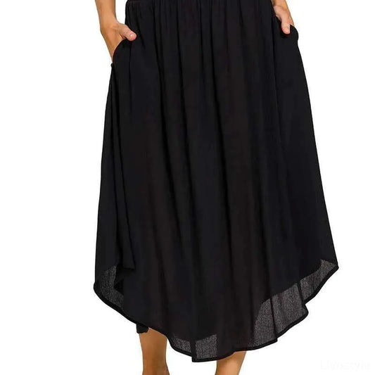 Woven Crinkle Smocked Waist Maxi Skirt W Pockets in BLACK — square view — Livostyle