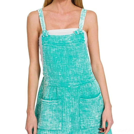 Woven Double Gauze Acid Washed Romper in TURQUOISE — square view — Livostyle