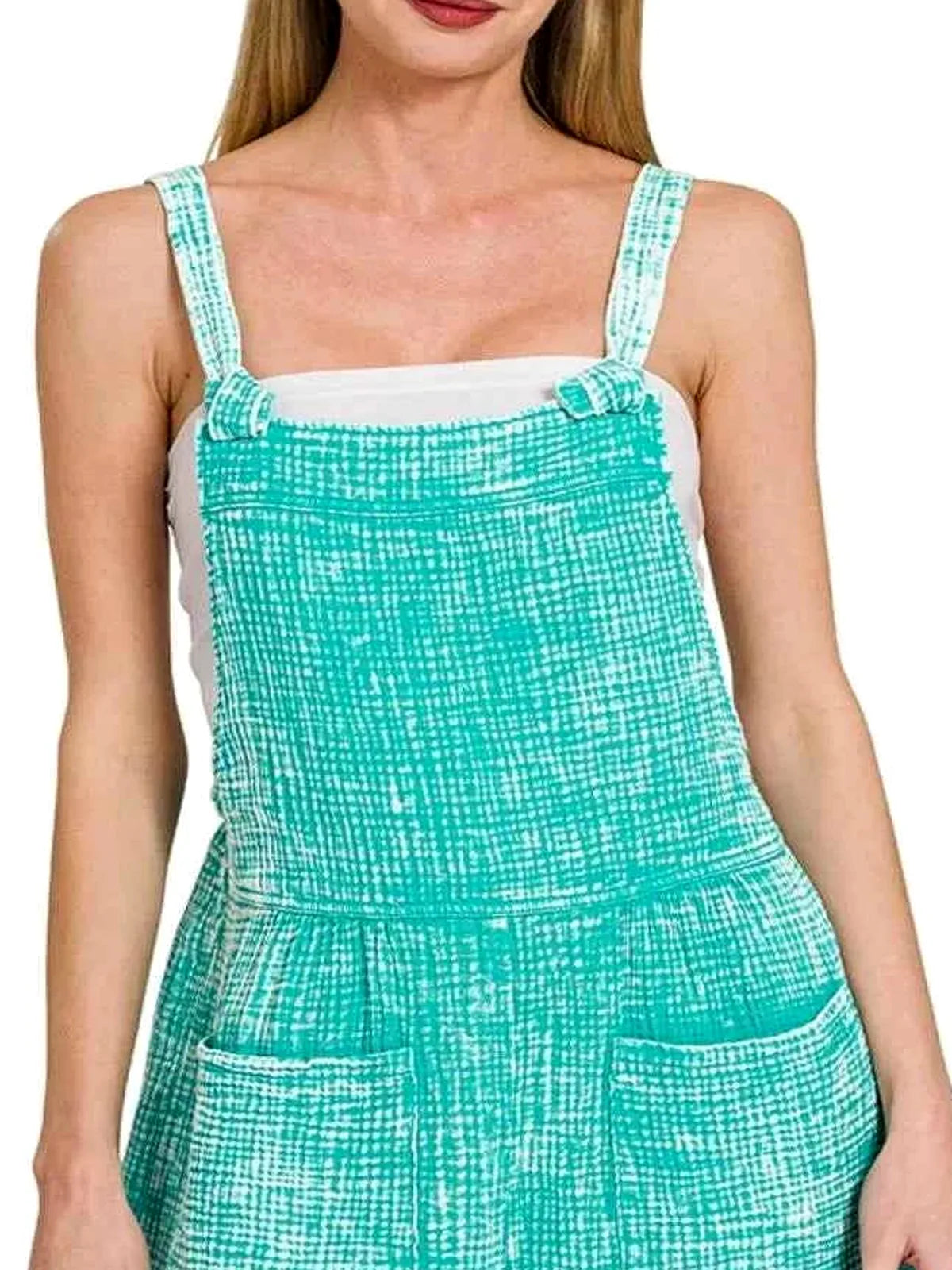 Woven Double Gauze Acid Washed Romper in TURQUOISE — detail view — Livostyle