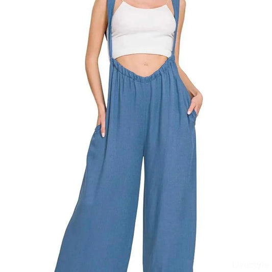 Woven Tie Back Suspender Jumpsuit in DUSTY BLUE — square view — Livostyle