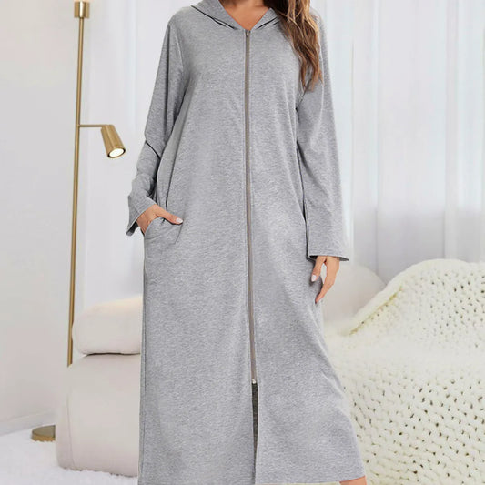 Zip Front Hooded Night Dress with Pockets in Light Gray — square view — Livostyle