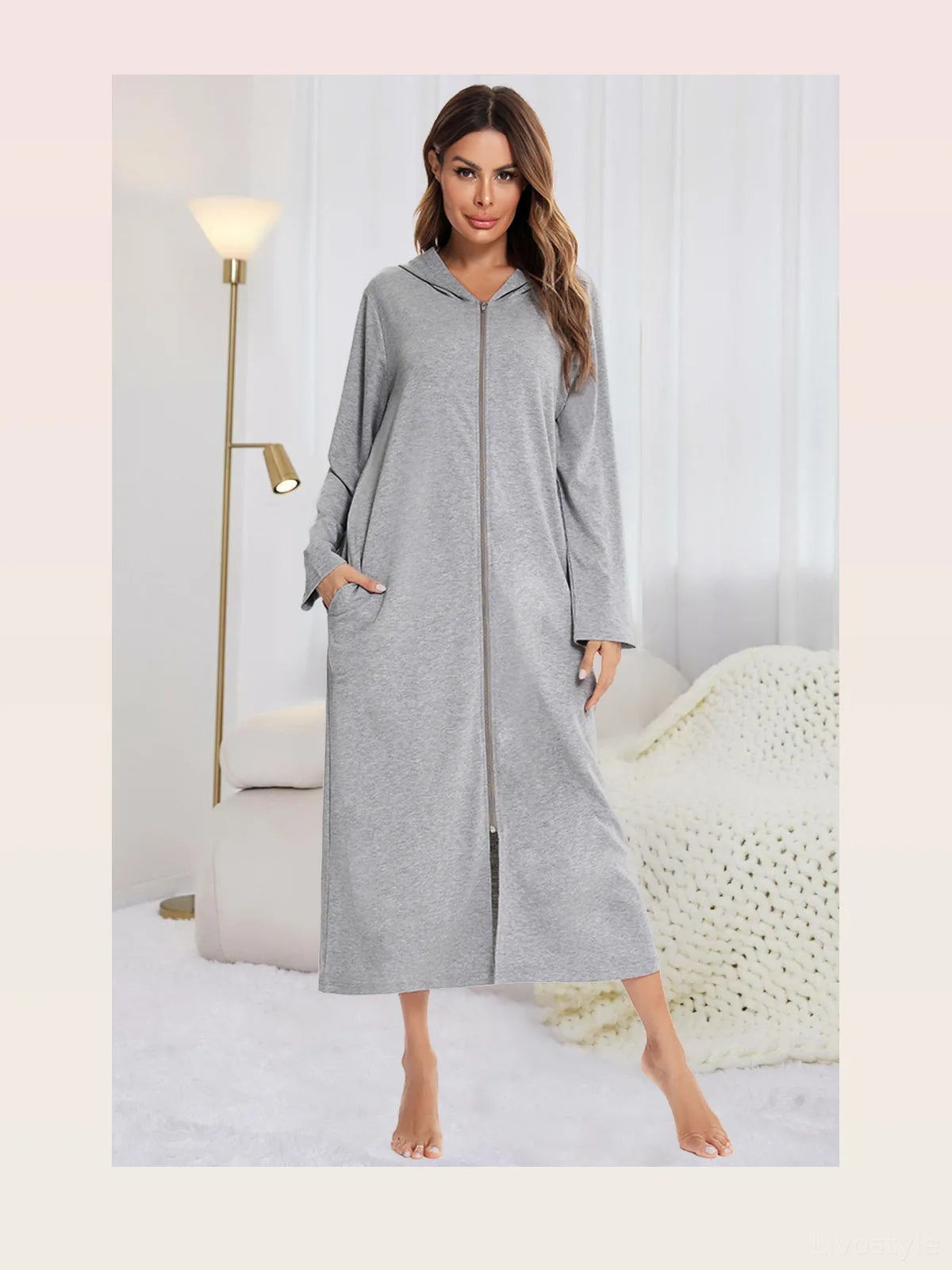 Zip Front Hooded Night Dress with Pockets in Light Gray — styled showcase — Livostyle