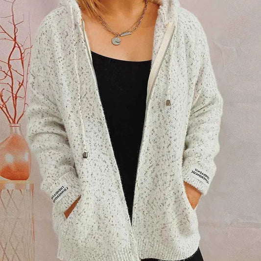 Zip Up Drawstring Long Sleeve Hooded Sweater — square view — Livostyle