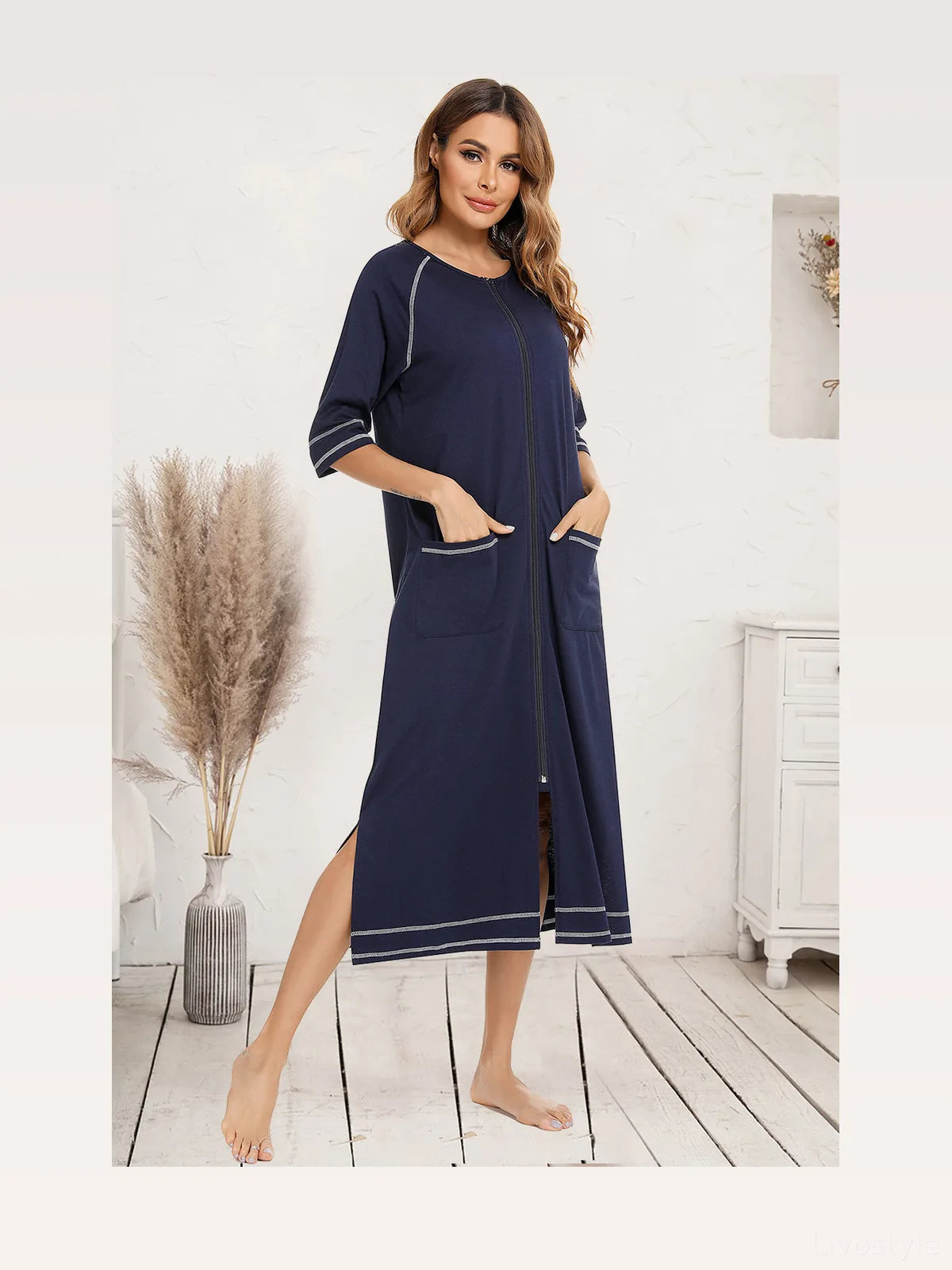 Zip Up Slit Round Neck Night Dress with Pockets — styled showcase — Livostyle